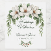 Elegante Witte Magnolia Winter Wedding Pine Tree Wijn Etiket (Enkel label)