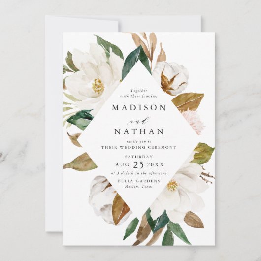 Elegante Witte Magnolia's en Blush Bloemen Bruilof Kaart (Voorkant)