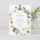 Elegante Witte Magnolia's en Blush Bloemen Bruilof Kaart (Staand voorkant)