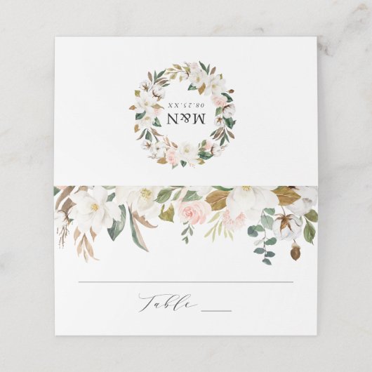 Elegante Witte Magnolia's en Blush Bloemen Bruilof Plaatskaartje (Buitenkant ongevouwen)