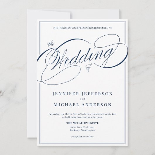 Elegante witte marine klassieke kalligrafie bruilo kaart (Voorkant)