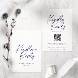 Elegante witte & marineblauwe QR-code RSVP-kaart RSVP Kaartje