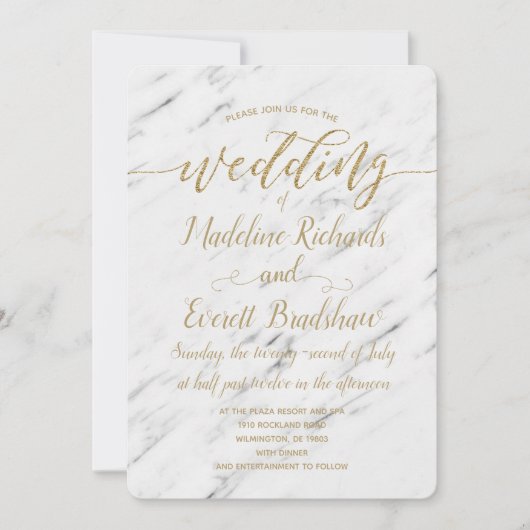 Elegante Witte Marmer & Gouden Huwelijksuitnodigin Kaart (Voorkant)