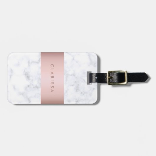 elegante witte marmer roos goudstrook bagagelabel (Voorkant horizontaal)