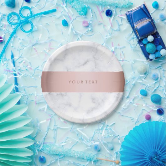 elegante witte marmer roos goudstrook papieren bordje (Feest)