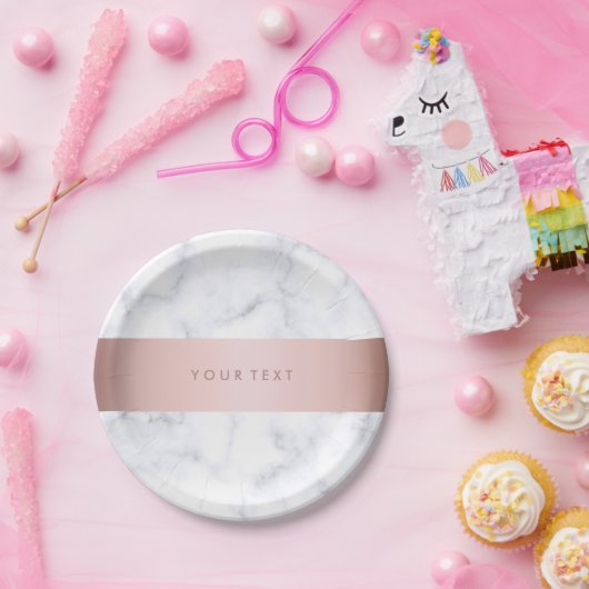 elegante witte marmer roos goudstrook papieren bordje (Feest)