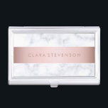 elegante witte marmer roos goudstrook visitekaarthouder<br><div class="desc">Stijlvol en modern design met faux white marble en faux roos gold strip.</div>
