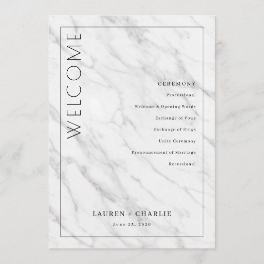 Elegante witte marmeren ceremonie schema programmakaart (Voorkant)