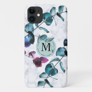 Elegante witte marmeren eucalyptusbladmonogram Case-Mate iPhone case