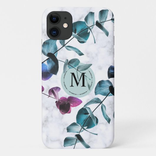 Elegante witte marmeren eucalyptusbladmonogram Case-Mate iPhone case (Achterkant)