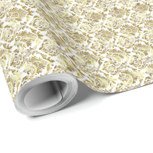 Elegante witte & Metallic gouden bloemdamast 5 Cadeaupapier