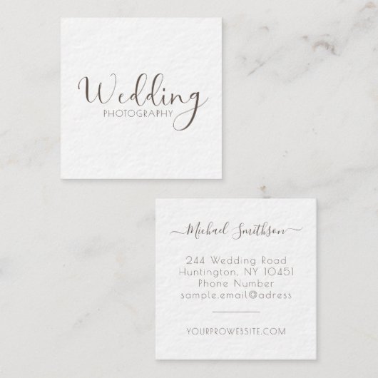 Elegante witte minimale moderne trouwfotograaf vierkante visitekaartje (Voorkant / Achterkant)