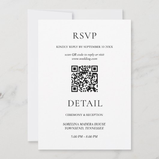 Elegante witte minimalistische bruiloft alles in é kaart (Achterkant)