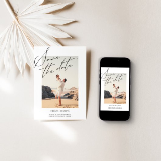 Elegante witte minimalistische scriptfoto save the date