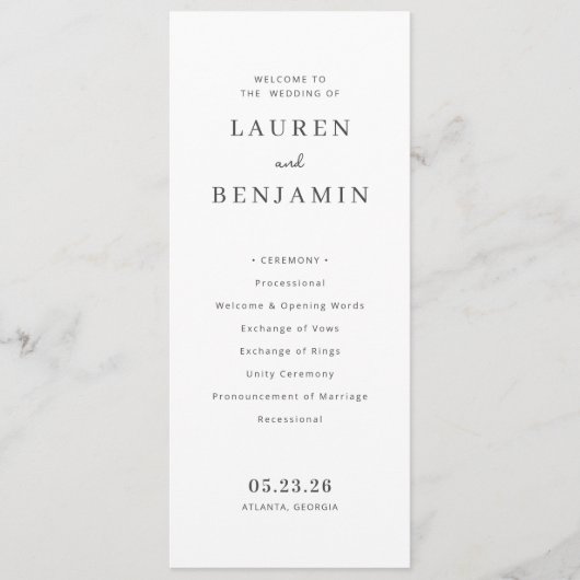 Elegante Witte Minimalistische Trouwceremonie Plan Programmakaart (Voorkant)