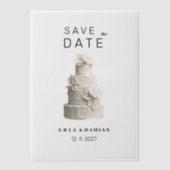 Elegante witte mint groene bloemencake Save the Da Vellum Uitnodigingen (Voorkant)