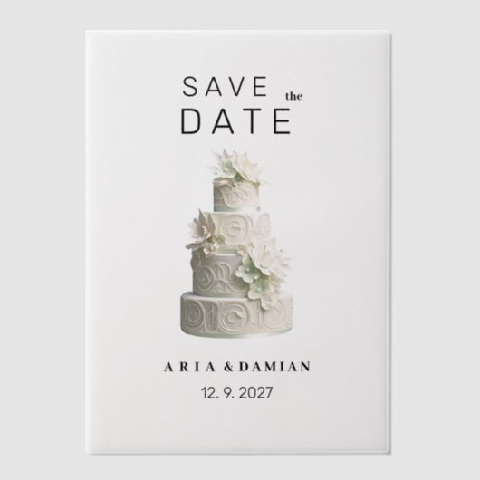 Elegante witte mint groene bloemencake Save the Da Vellum Uitnodigingen (Voorkant)