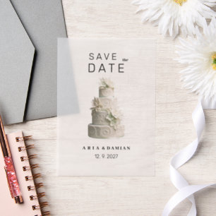 Elegante witte mint groene bloemencake Save the Da Vellum Uitnodigingen