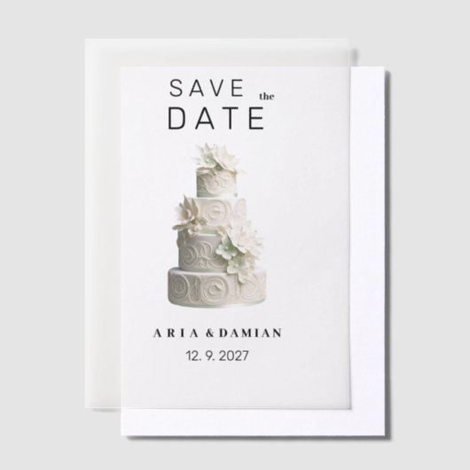 Elegante witte mint groene bloemencake Save the Da Vellum Uitnodigingen (Offset)