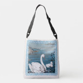 Elegante witte moederzwaan met Baby in blauw meer Crossbody Tas (Achterkant)