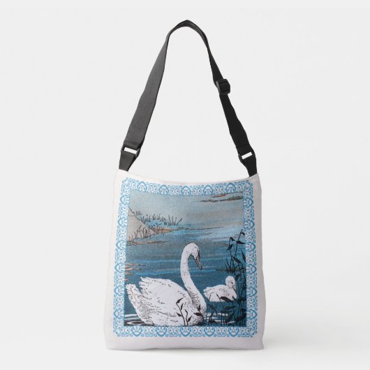 Elegante witte moederzwaan met Baby in blauw meer Crossbody Tas (Voorkant)