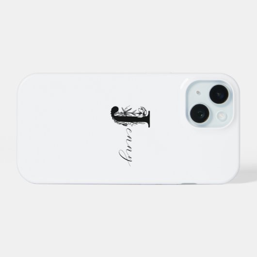 ELEGANTE WITTE MONOGRAMNAAM MET BLOEMIG J-INITIAAL iPhone 15 CASE (Achterkant horizontaal)