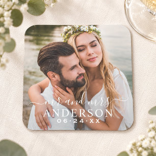 Elegante witte Mr en Mrs foto bruiloft Kartonnen Onderzetters