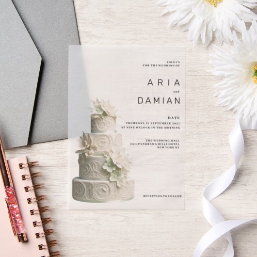 Elegante witte munt groene bloemencake Bruiloft Vellum Uitnodigingen (Huwelijk)