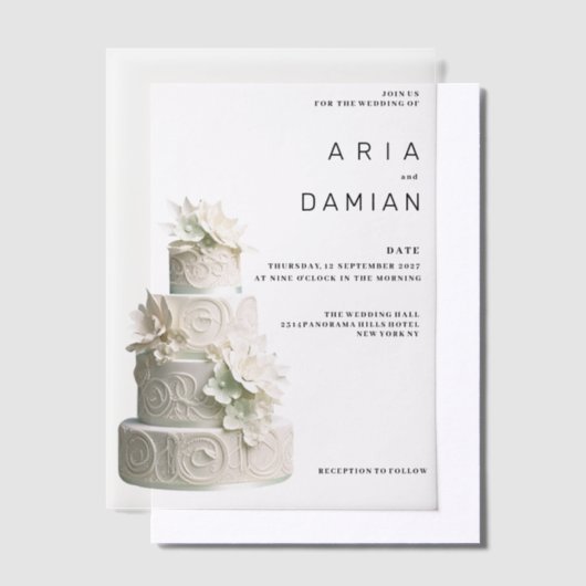 Elegante witte munt groene bloemencake Bruiloft Vellum Uitnodigingen (Offset)