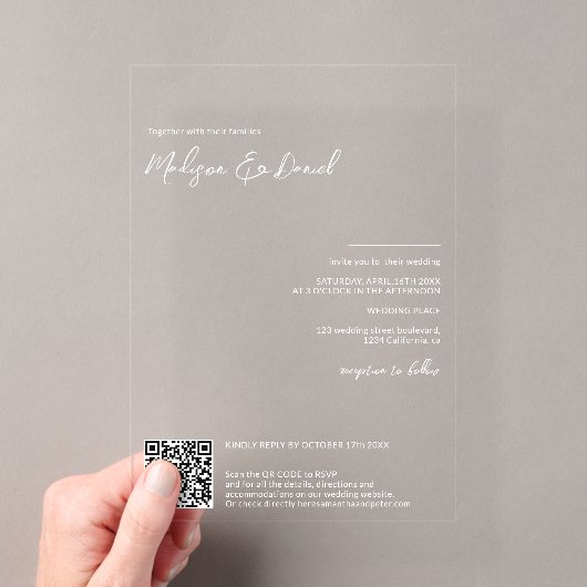 Elegante witte namen calligrafie Qr code bruiloft Acryl Uitnodigingen (Insitu (Draagbaar))