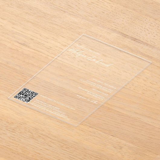 Elegante witte namen kalligrafie Qr code bruiloft Acryl Uitnodigingen (Laagn)
