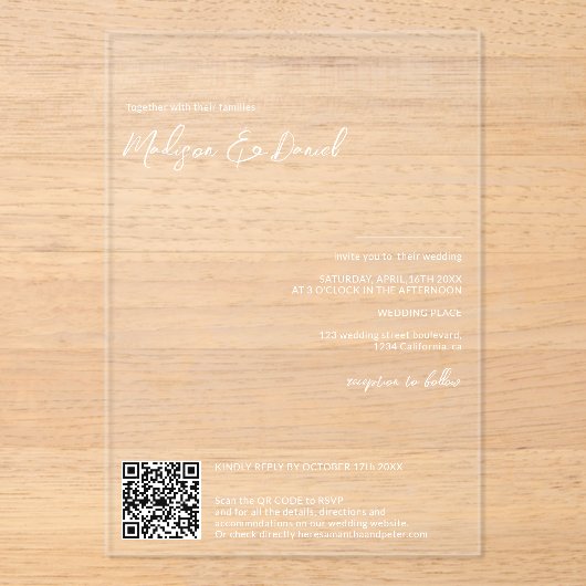 Elegante witte namen kalligrafie Qr code bruiloft Acryl Uitnodigingen (Voorkant)