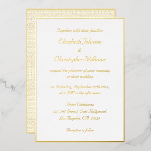 Elegante witte nepgoud moderne aangepaste trouw folie uitnodiging (Voorkant / Achterkant)