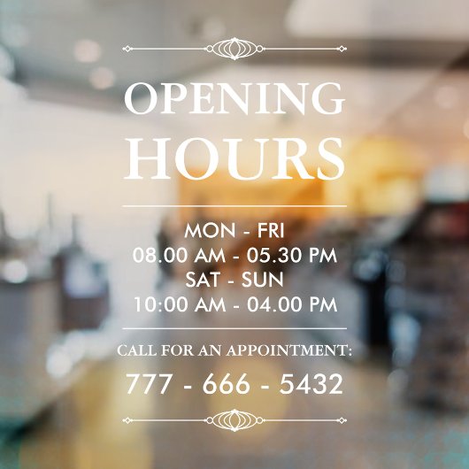 Elegante witte openingsuren en telefoonnummer voor raamsticker