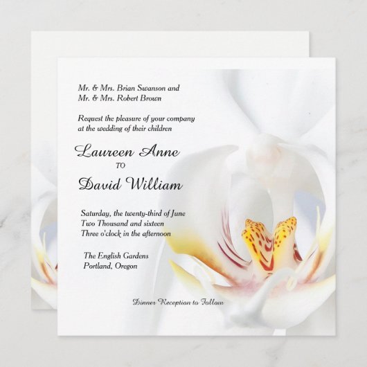 Elegante witte orchidee aangepaste bruiloft uitnod kaart (Voorkant / Achterkant)