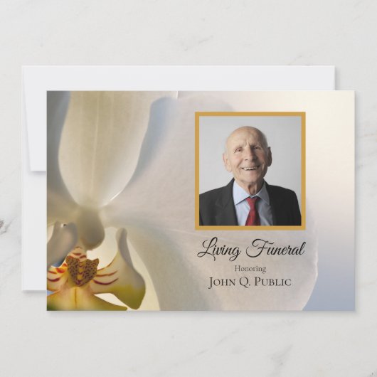 Elegante witte orchidee bloem levende begrafenisfe kaart (Voorkant)