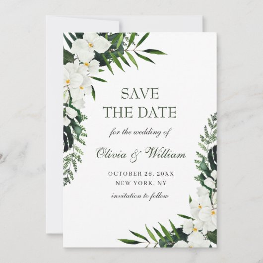 Elegante Witte Orchidee Bohemian Groene Huwelijk Save The Date (Voorkant)