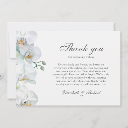 Elegante witte orchidee bruiloft bedankkaart (Achterkant)