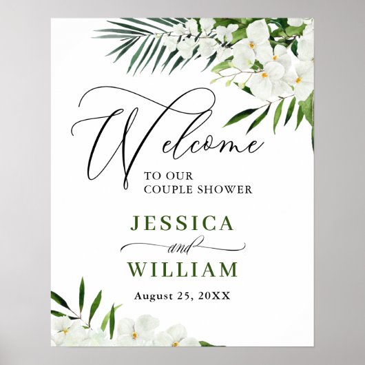 Elegante witte orchidee KOPPEL DOOP Welkomstbord Poster (Voorkant)
