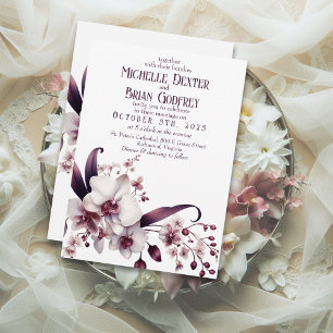 Elegante Witte Orchidee & Plum Huwelijksuitnodigin Kaart