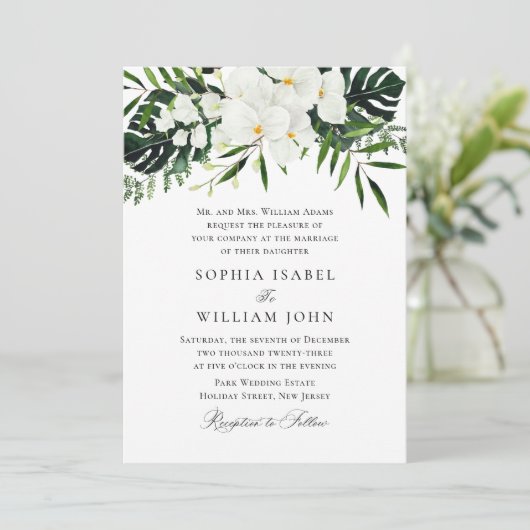 Elegante Witte Orchideeën Boheemse Groene Huwelijk Kaart (Staand voorkant)