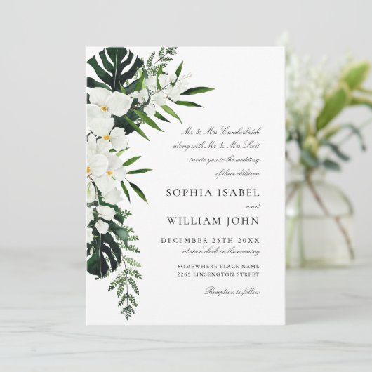 Elegante Witte Orchideeën Boheemse Groene Huwelijk Kaart (Staand voorkant)