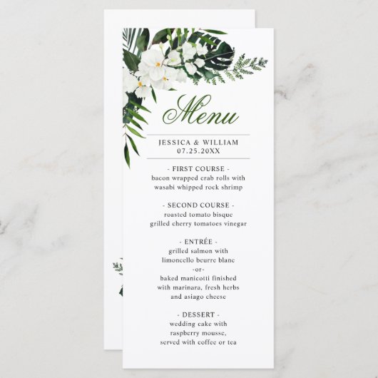 Elegante Witte Orchideeën Boheemse Trouwdagdiner Menu (Voorkant / Achterkant)