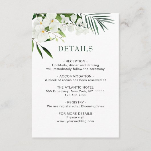 Elegante witte orchideeën Bohemian bruiloft detail Informatiekaartje (Voorkant)