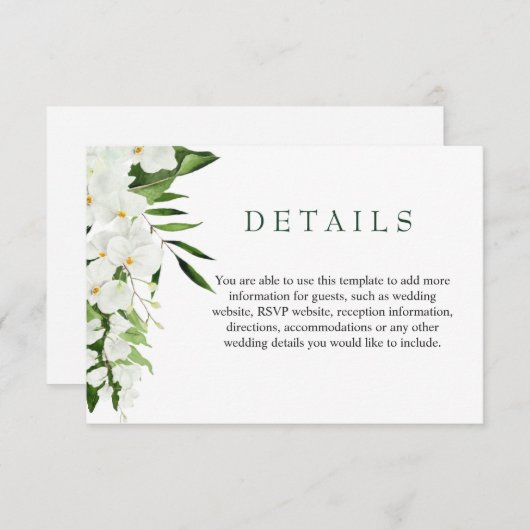 Elegante witte orchideeën Bohemian bruiloft detail Informatiekaartje (Voorkant / Achterkant)