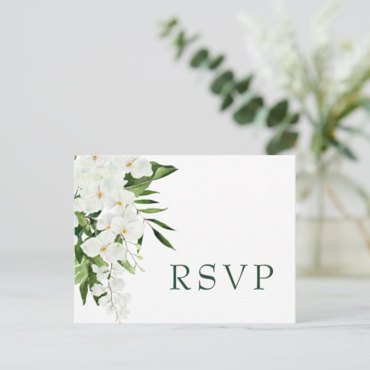 Elegante witte orchideeën Bohemian bruiloft RSVP Briefkaart (Staand voorkant)