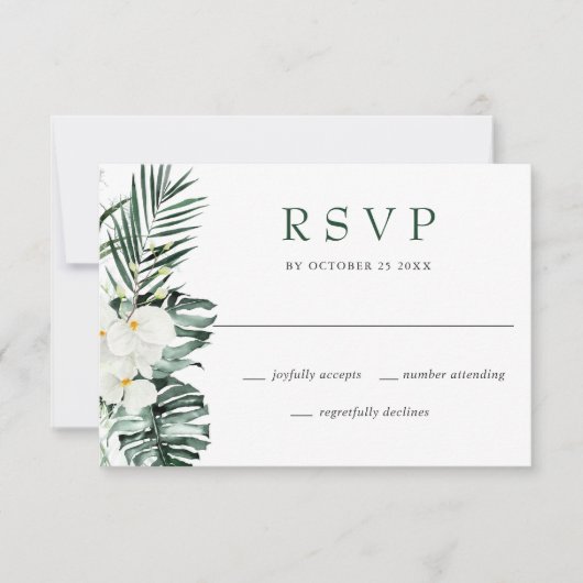 Elegante witte orchideeën bohemien bruiloft RSVP kaartje (Voorkant)