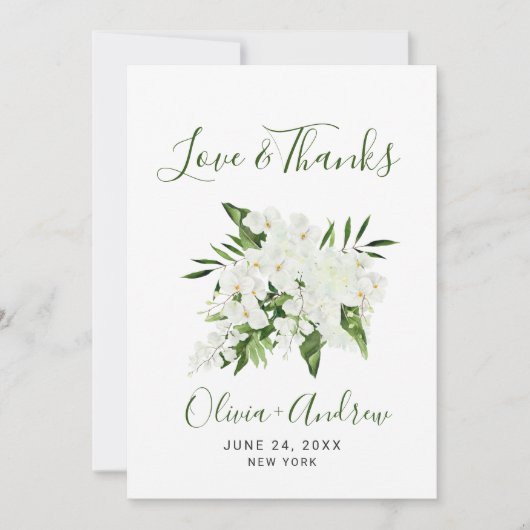 Elegante witte orchideeën bohemien bruiloftsbloeme bedankkaart (Voorkant)