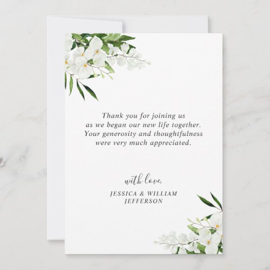 Elegante witte orchideeën bohemien bruiloftsbloeme bedankkaart (Achterkant)