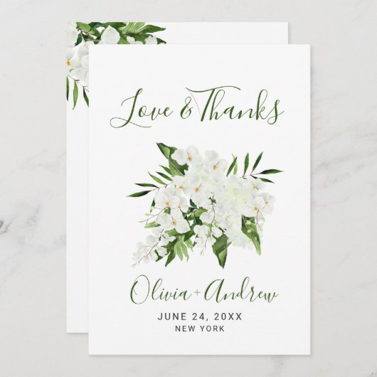 Elegante witte orchideeën bohemien bruiloftsbloeme bedankkaart (Voorkant / Achterkant)